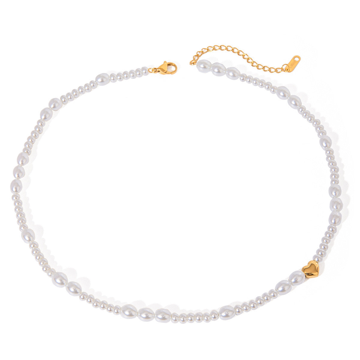 18K Gold Heart Pearl Chain Beaded Collar Necklace