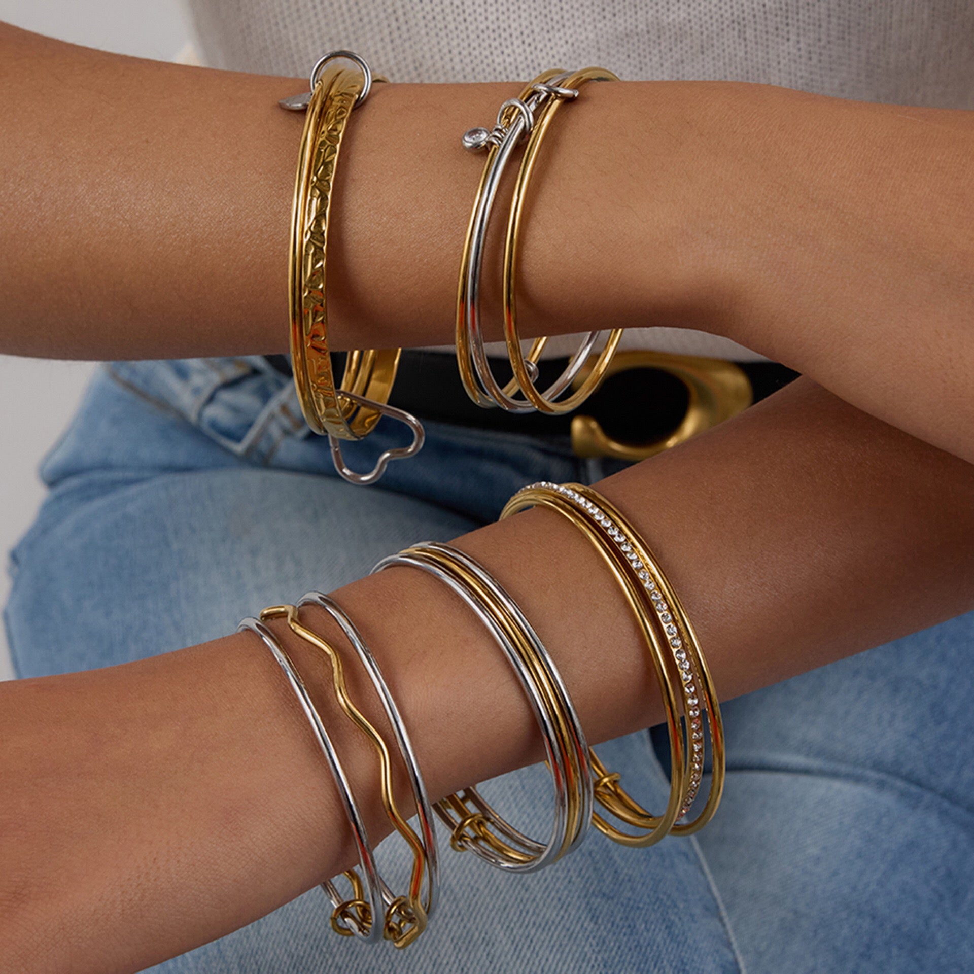 18K Gold and Silver Two Tone Spinelli Slim Bangle Bracelets Stack