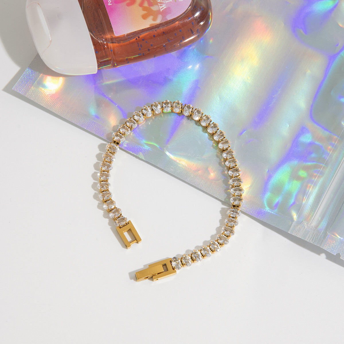 18K Gold Extra Bling Paperclip Chain Bangle Tennis Bracelet Stack