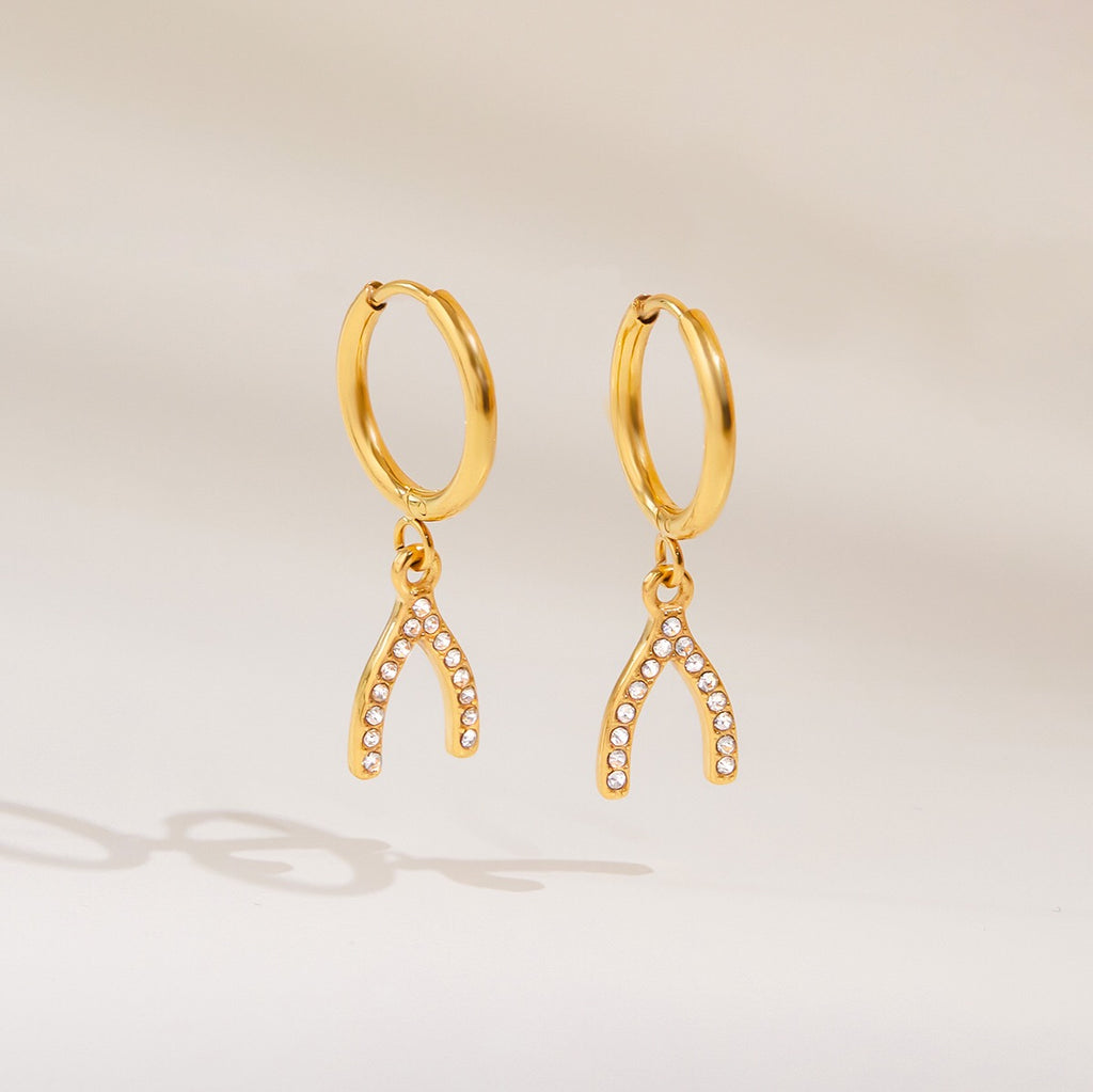 18K Gold Bling Wishing Bone Small Hoop Huggie Earrings with Charm