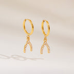 18K Gold Bling Wishing Bone Small Hoop Huggie Earrings with Charm