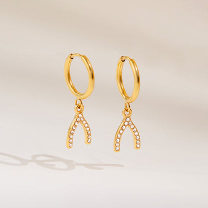 18K Gold Bling Wishing Bone Small Hoop Huggie Earrings with Charm