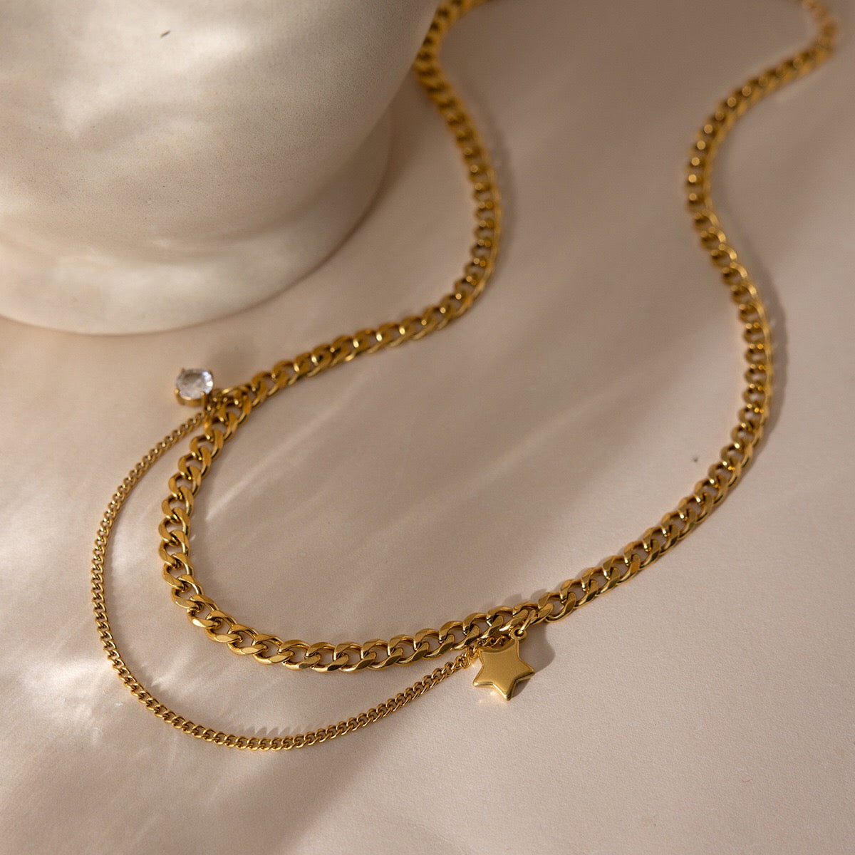 18K Gold Nova Star Cuban Link Chain Layered Necklace