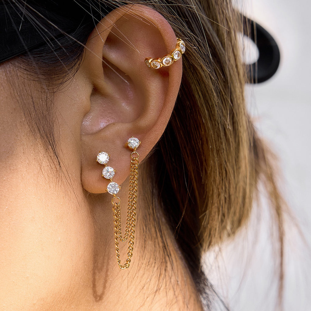 18K Gold Cascade Chain Drop Dangle CZ Stud Earrings Double Piercings