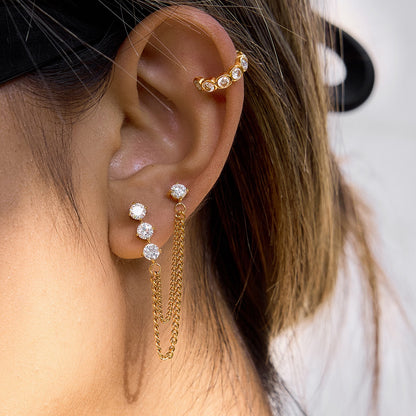 18K Gold Cascade Chain Drop Dangle CZ Stud Earrings Double Piercings