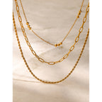 18K Gold Paperclip Rope Chain Beaded Layered Necklace Set