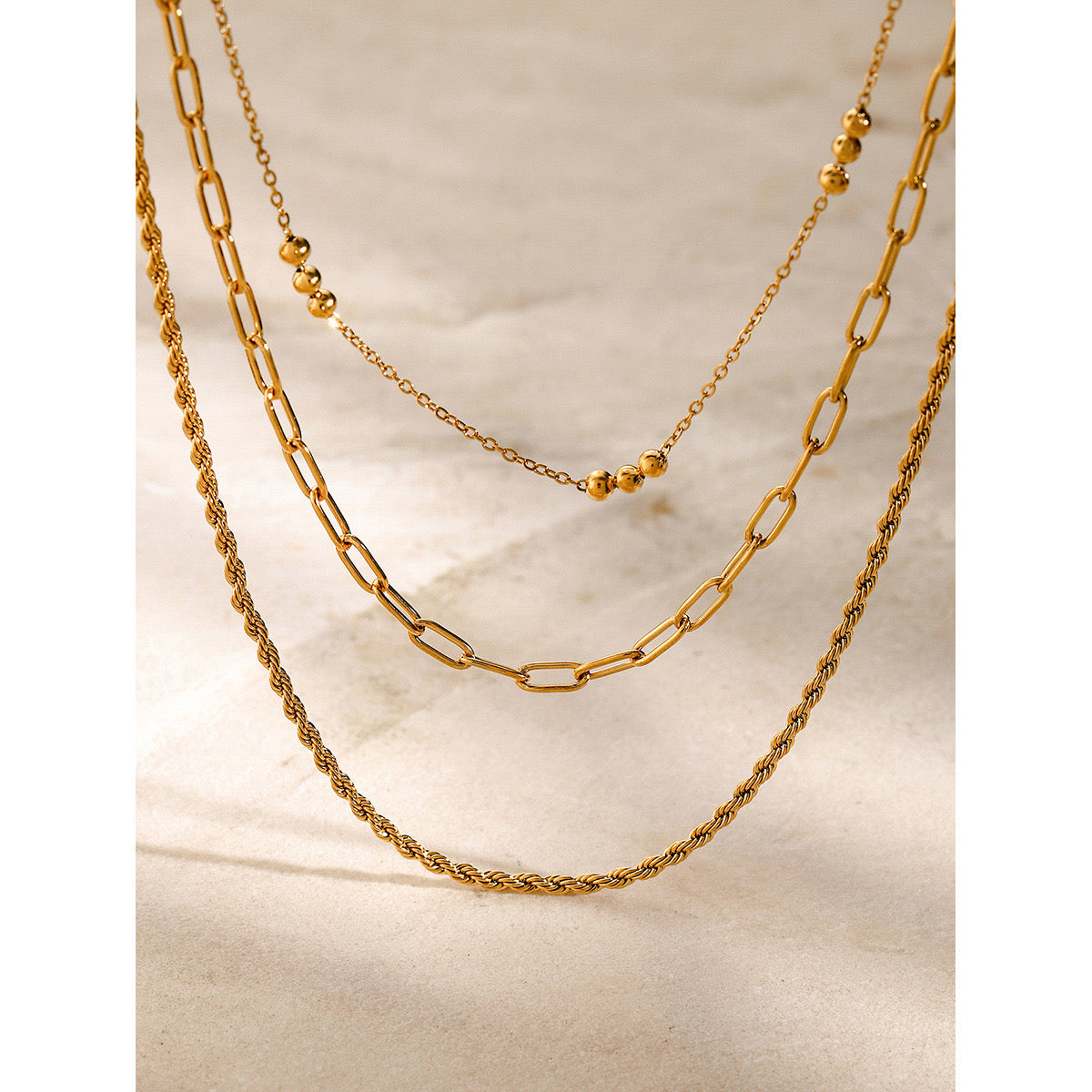 18K Gold Paperclip Rope Chain Beaded Layered Necklace Set