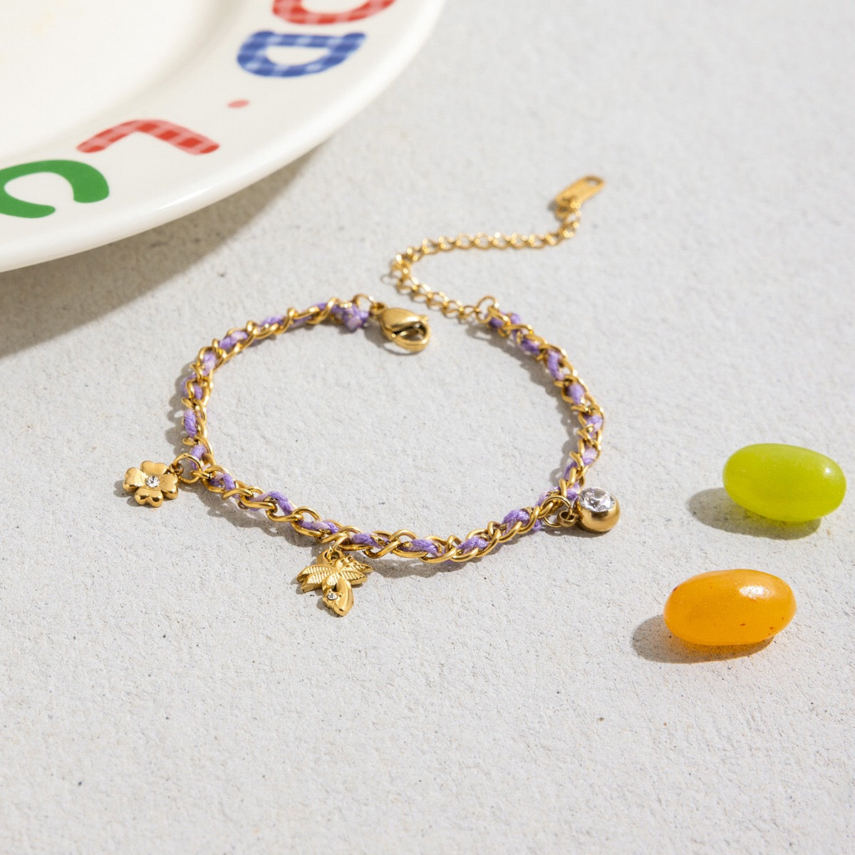 18K Gold Palm Tree Charm Purple Chain Wristband Bracelet Stack