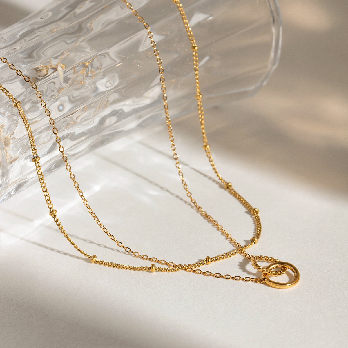 18K Gold Lingering Dainty Pendant Double Chain Layered Necklace