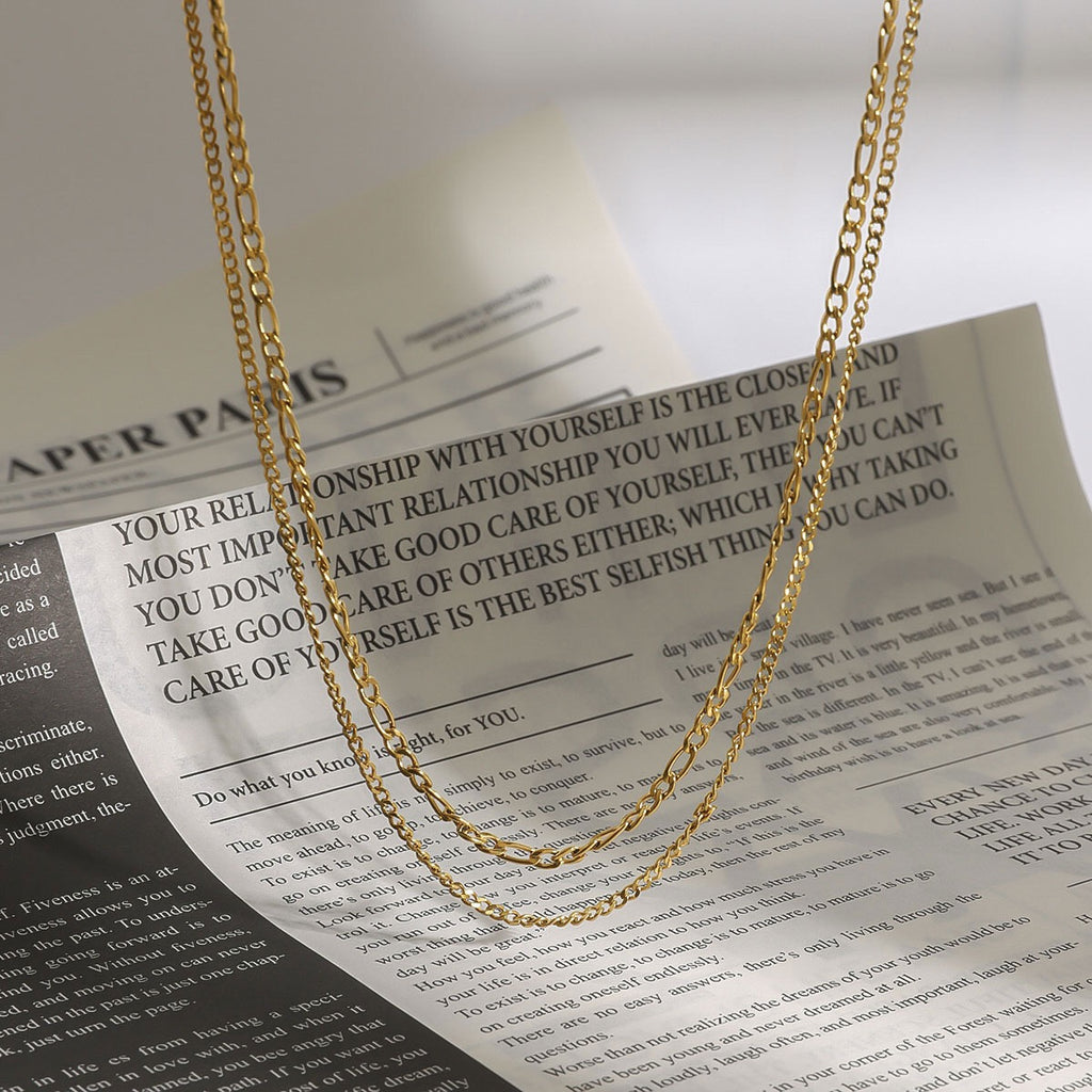 18K Gold Figaro Chain Double Layered Necklace