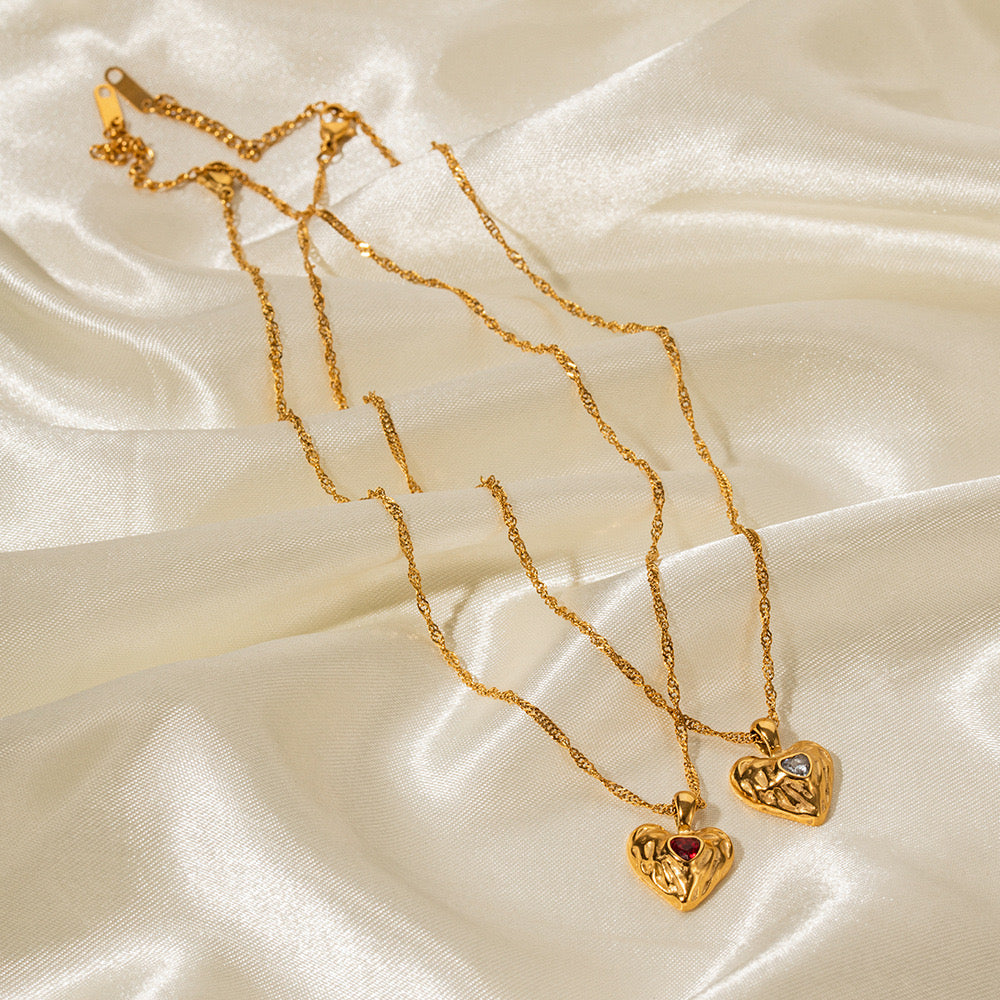 18K Gold Bejeweled Heart Pendant Statement Necklace