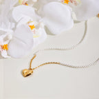 18K Gold Pearl Amour Heart Pendant Beaded Chain Necklace