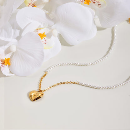 18K Gold Pearl Amour Heart Pendant Beaded Chain Necklace