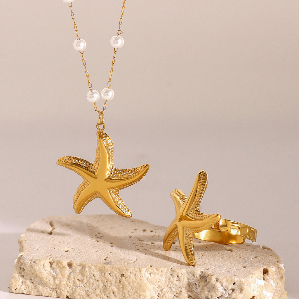 18K Gold Starfish Pearl Beaded Chain Pendant Necklace