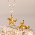 18K Gold Starfish Pearl Beaded Chain Pendant Necklace