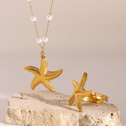 18K Gold Starfish Pearl Beaded Chain Pendant Necklace