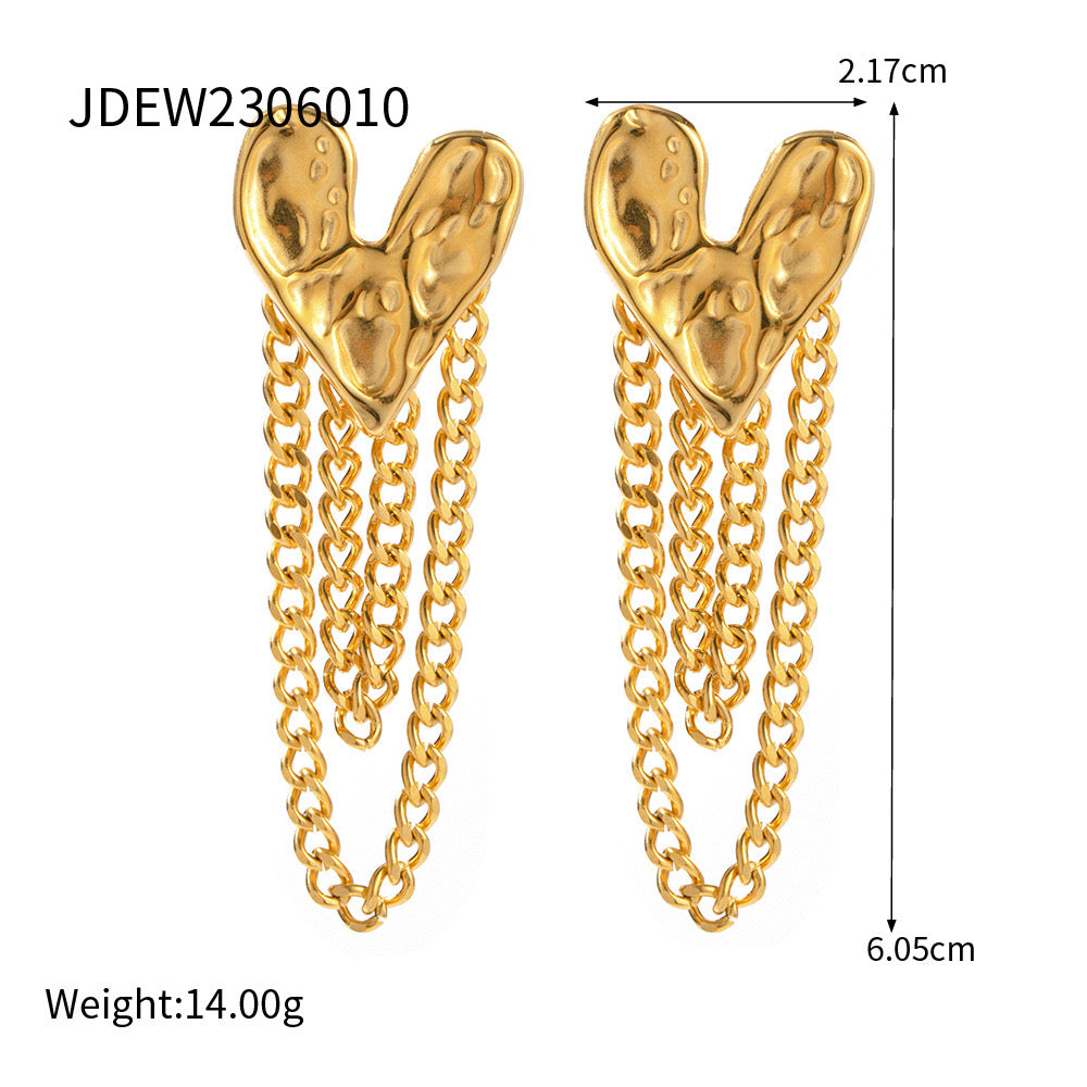 18K Gold Heart Chain Drop Dangle Earrings