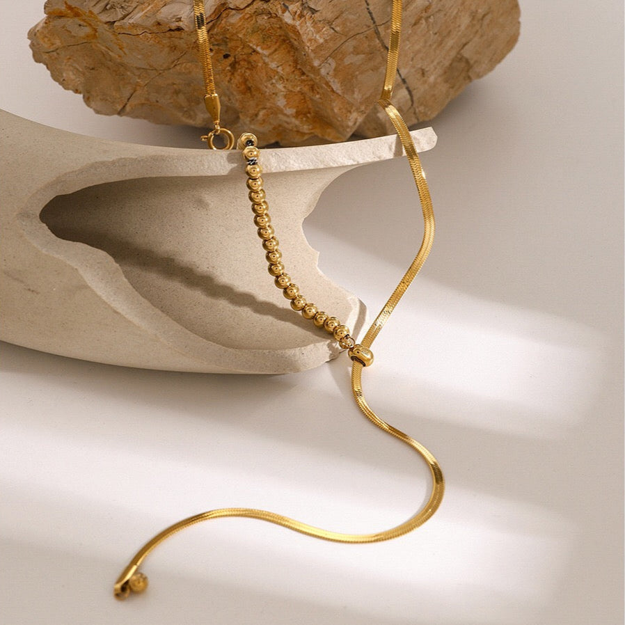 18K Gold Herringbone Chain Beaded Lariat Necklace