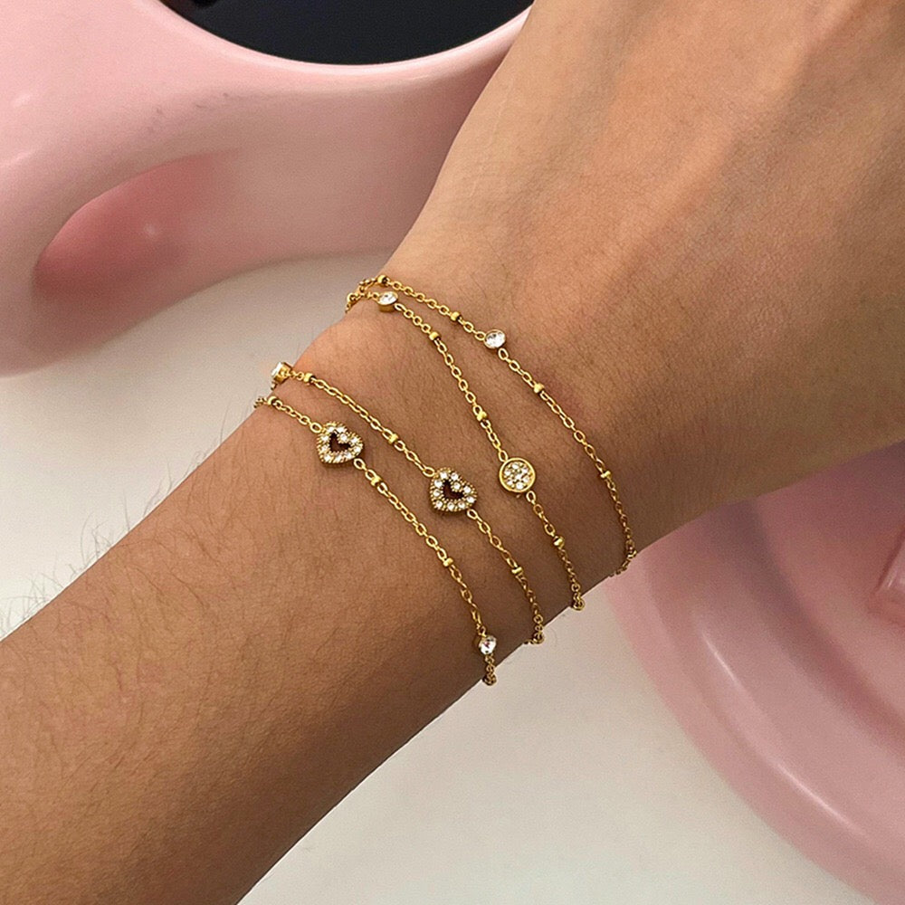18K Gold Moonkiss Double Chain Heart Dainty Bracelet Stacks