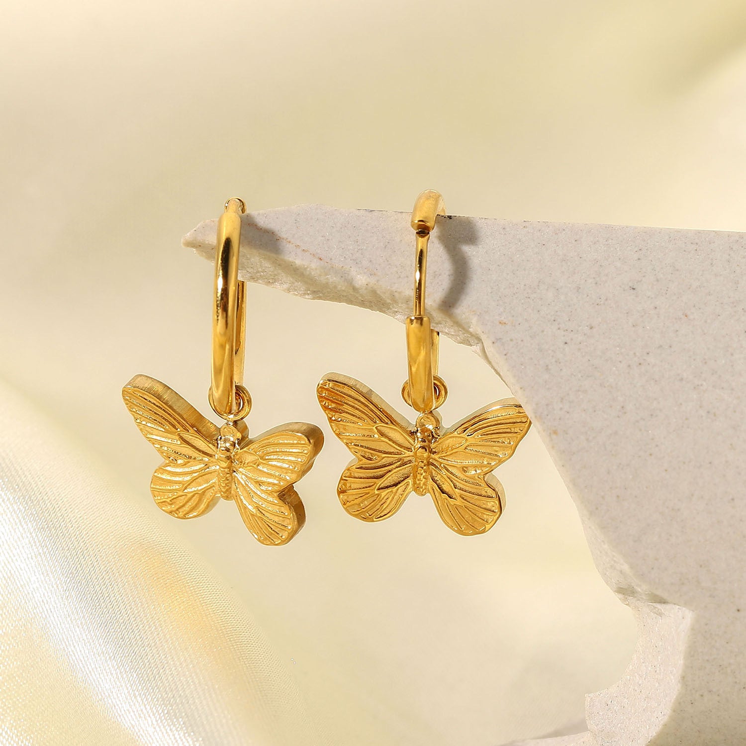 18K Gold Butterfly Small Hoop Huggie Earrings with Charm