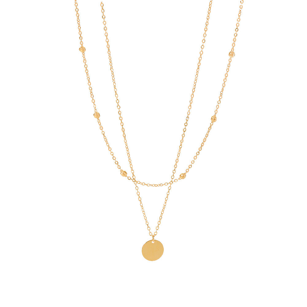 18K Gold Delicate Disc Pendant Beaded Chain Layered Necklace