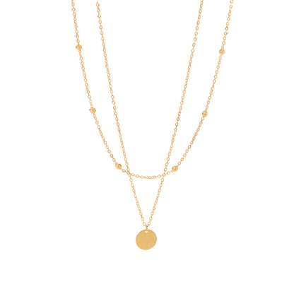 18K Gold Delicate Disc Pendant Beaded Chain Layered Necklace