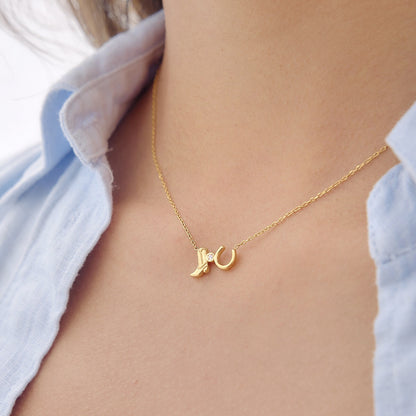 18K Gold Cowgirl Spirit Horseshoe Cowboy Boots Dainty Pendant Necklace