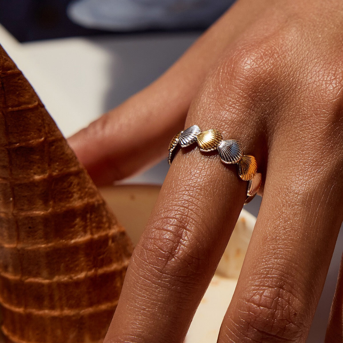 18K Gold and Silver Two Tone Coastal Glow Seashell Starfish Cuff Ring