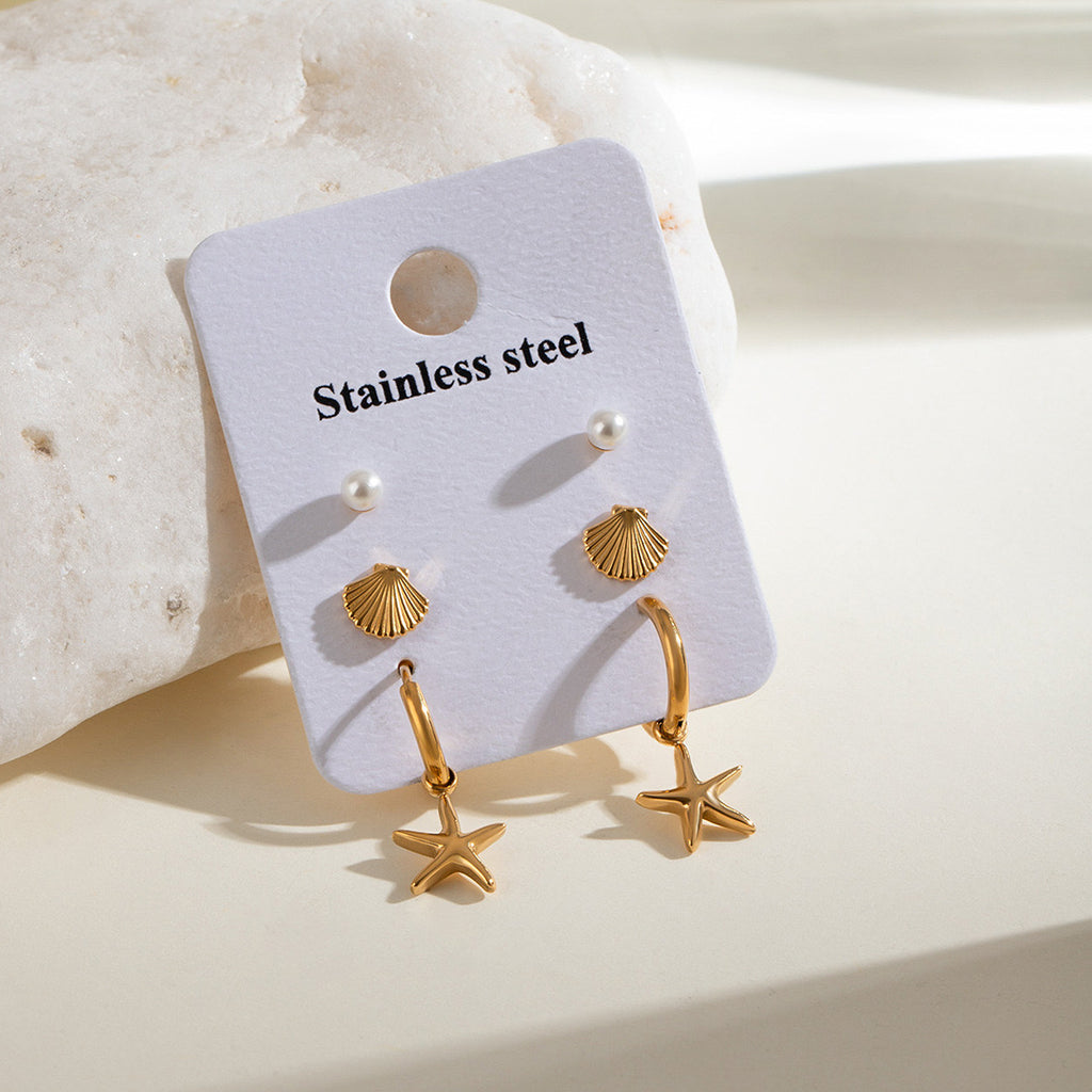 18K Gold Summer Seashell Studs Huggie Earrings Set