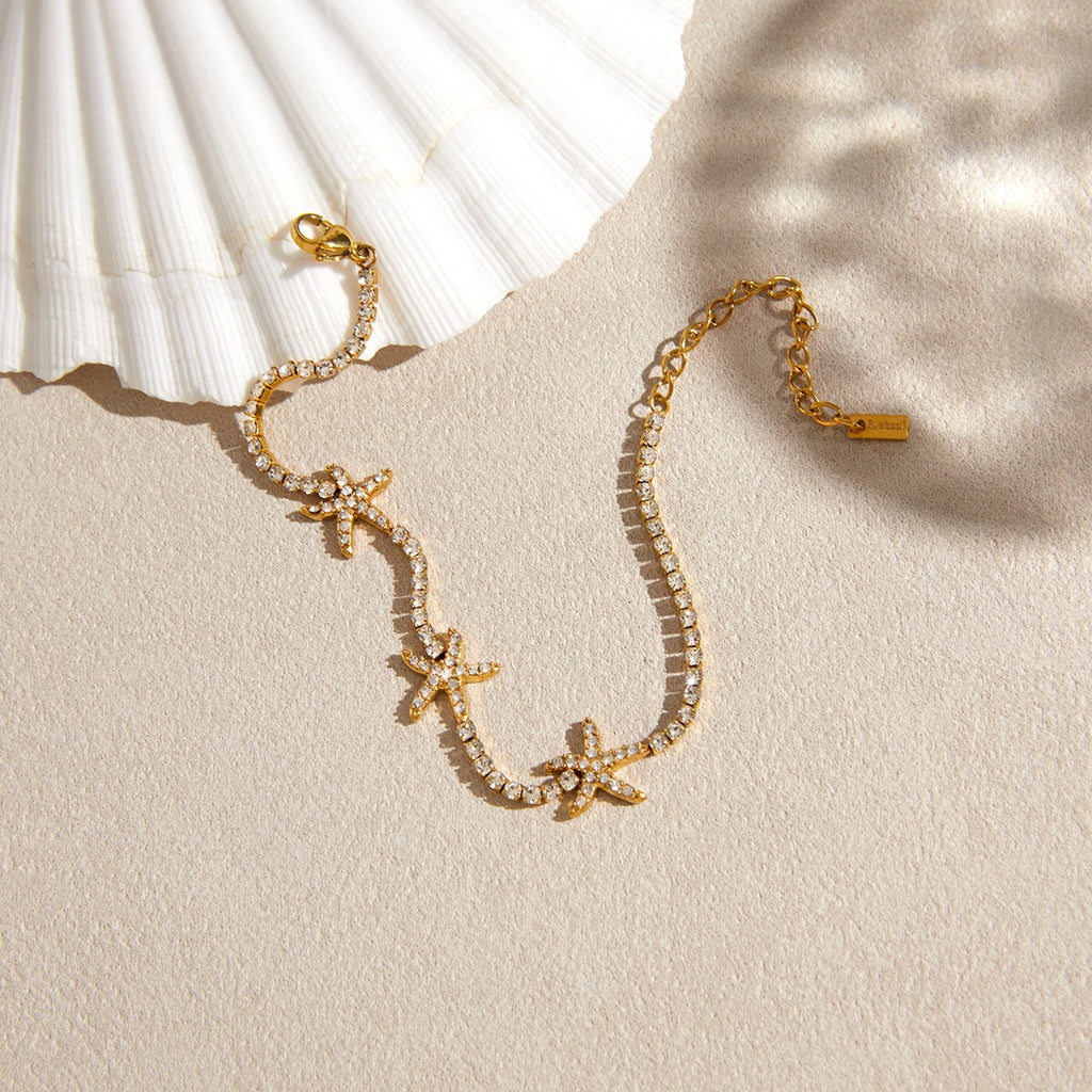 18K Gold Starfall by the Sea Pave Starfish Dainty Tennis Chain Bracelet