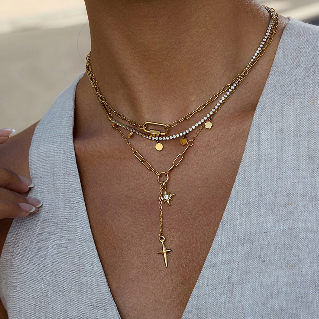 18K Gold Starry Y Shape Pendant Heart Tennis Chain Paperclip Layered Necklace Set