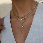 18K Gold Starry Y Shape Pendant Heart Tennis Chain Paperclip Layered Necklace Set