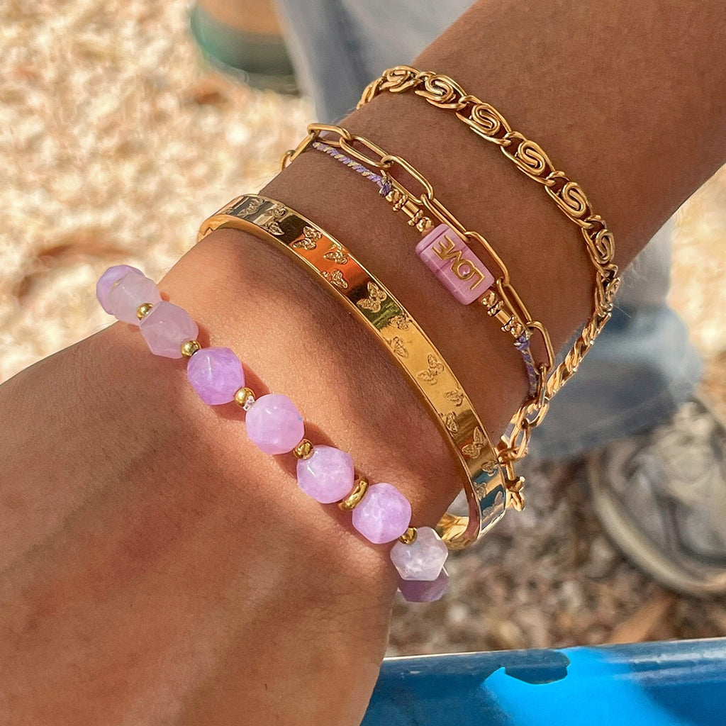 18K Gold Purple Dream Beaded Chain Butterfly Bangle Bracelet Stack