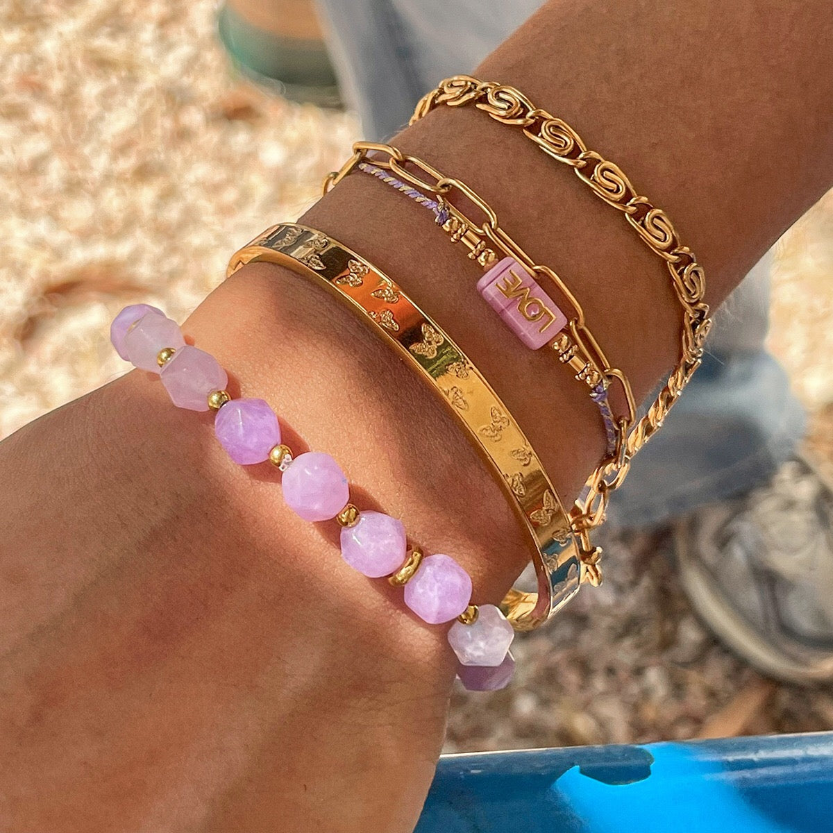 18K Gold Purple Dream Beaded Chain Butterfly Bangle Bracelet Stack