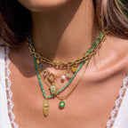 18K Gold Fresh Breeze Green Beaded Pendant Charm Layered Necklace Set