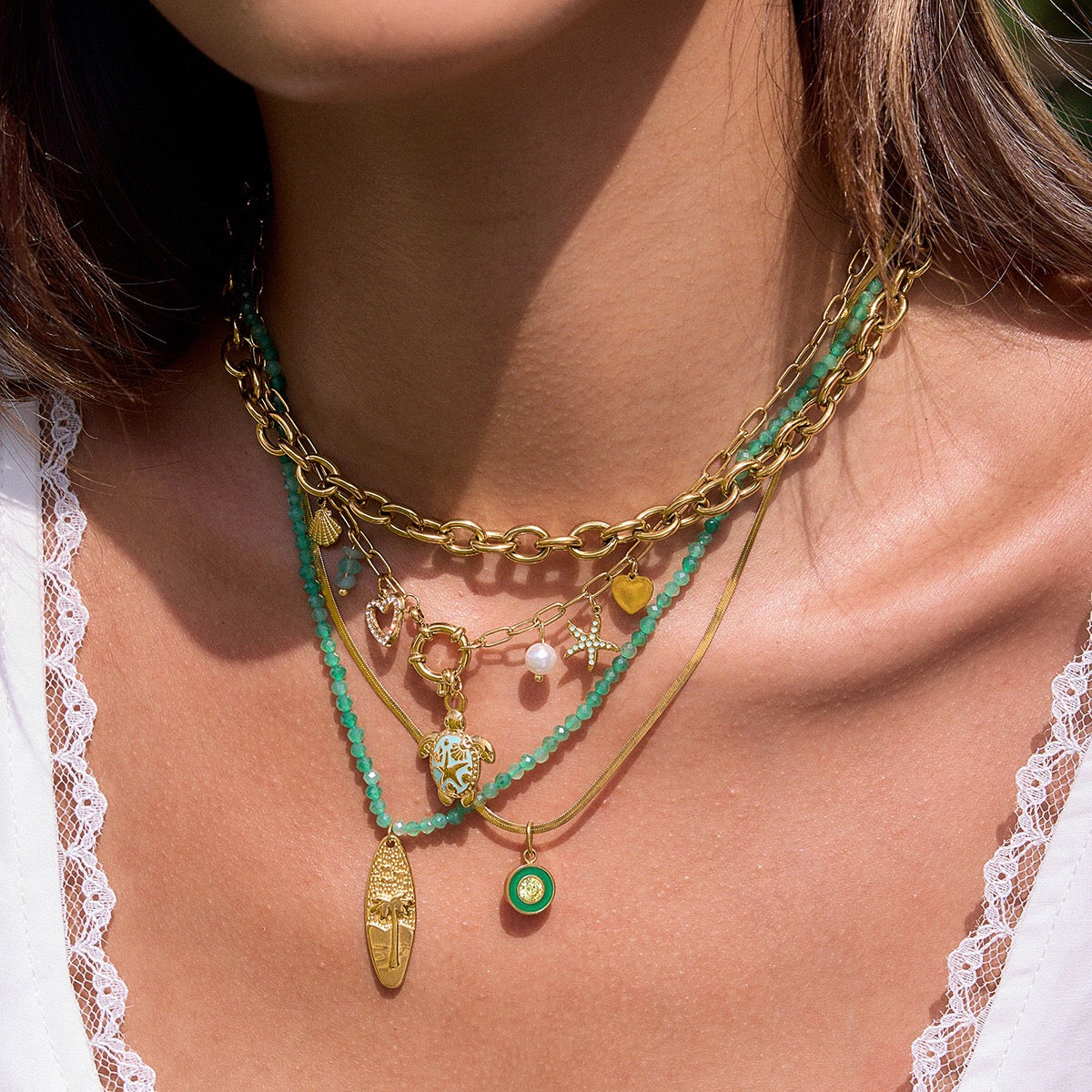 18K Gold Fresh Breeze Green Beaded Pendant Charm Layered Necklace Set