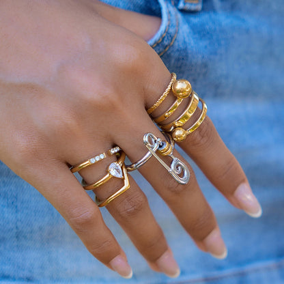 18K Gold and Silver Two Tone Safety Pin Statement Ring