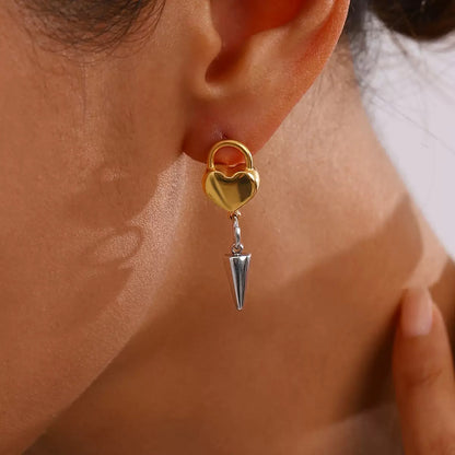 18K Gold and Silver Two Tone Love Lock Statement Stud Dangle Earrings