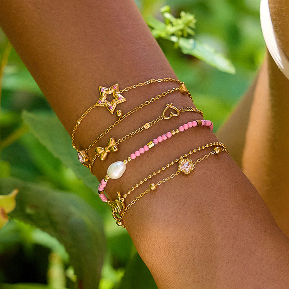 18K Gold Pink Princess Clean Girl Star Bow Heart Dainty Chain Bracelet Stack