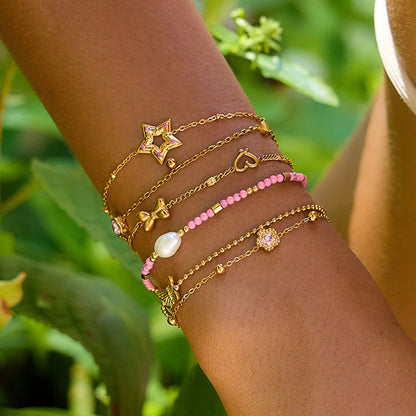 18K Gold Pink Princess Clean Girl Star Bow Heart Dainty Chain Bracelet Stack