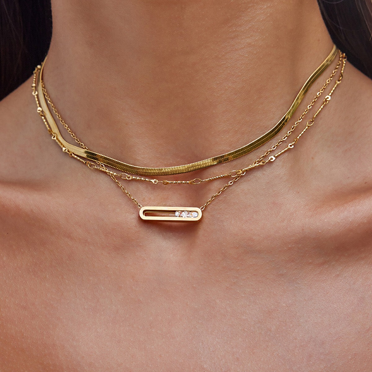 18K Gold Sliding Jewel Pendant Herringbone Snake Chain Layered Necklace Set