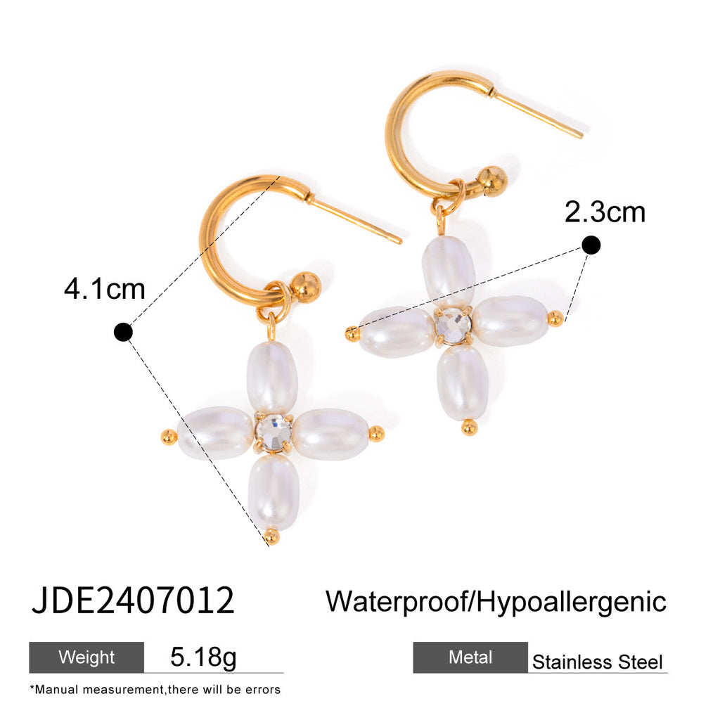 18K Gold Cross Pearl Rope Pendant Necklace