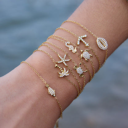 18K Gold Ocean Sparkle Seashell Palm Tree Dainty Pave Pendant Necklace Jewelry Set