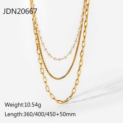 18K Gold Paperclip Box Chain Pearl Layered Necklace