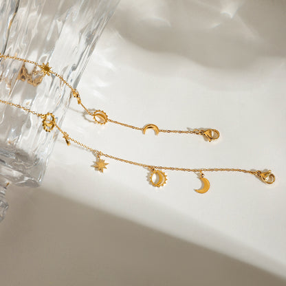 18K Gold Moon and Star Celestial Charm Chain Bracelet
