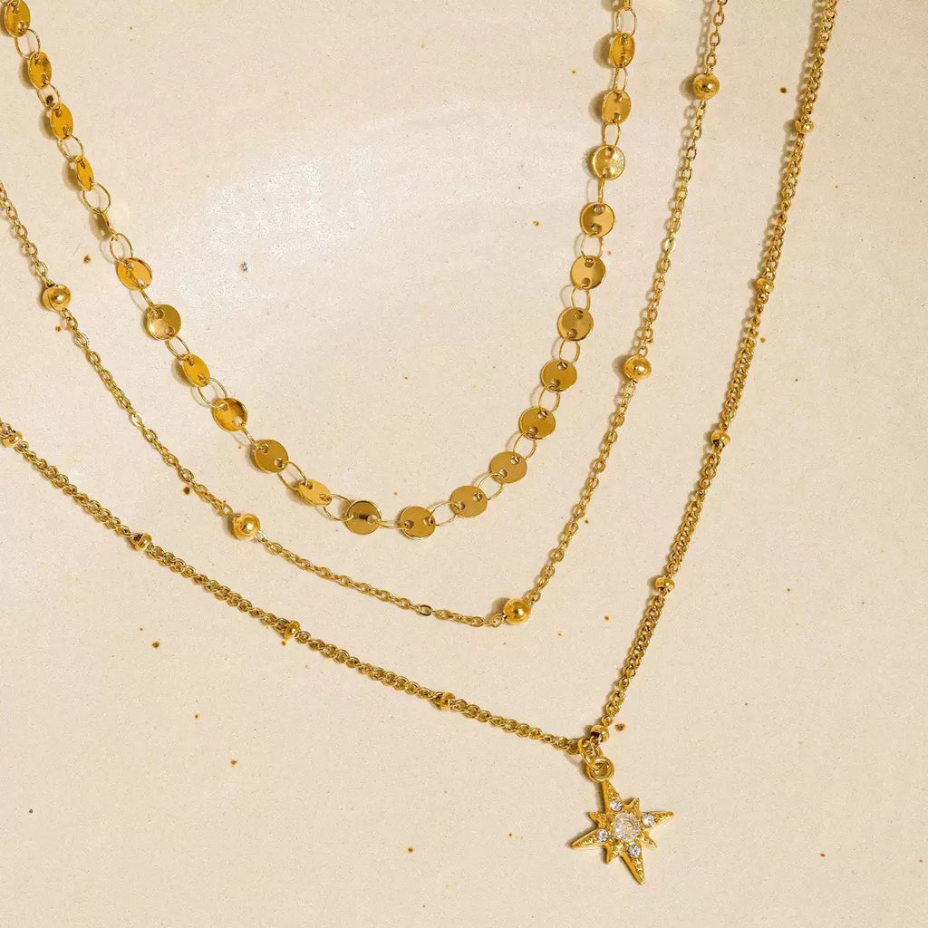 18K Gold Northern Star Pendant Chain Layered Necklace Set