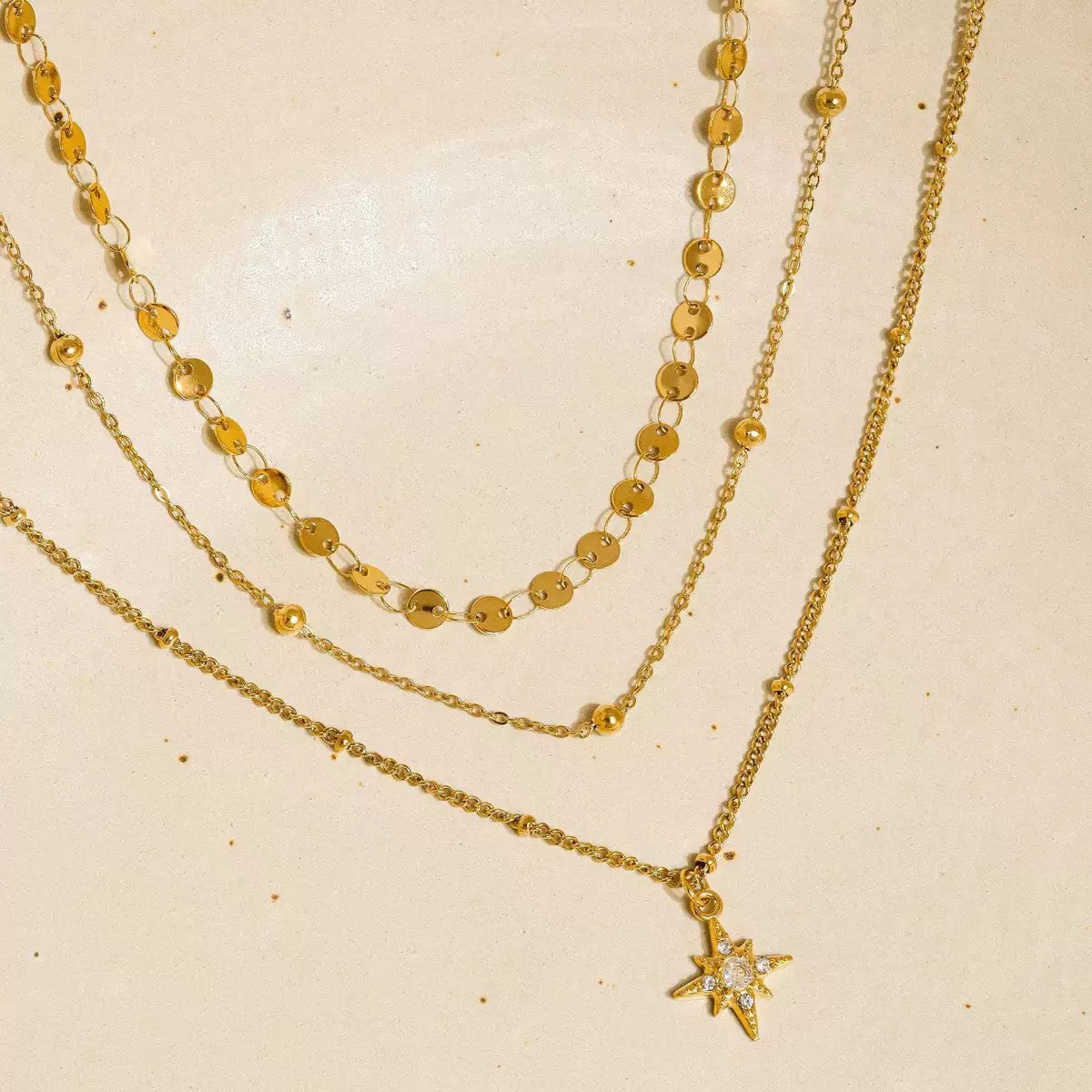 18K Gold Northern Star Pendant Chain Layered Necklace Set
