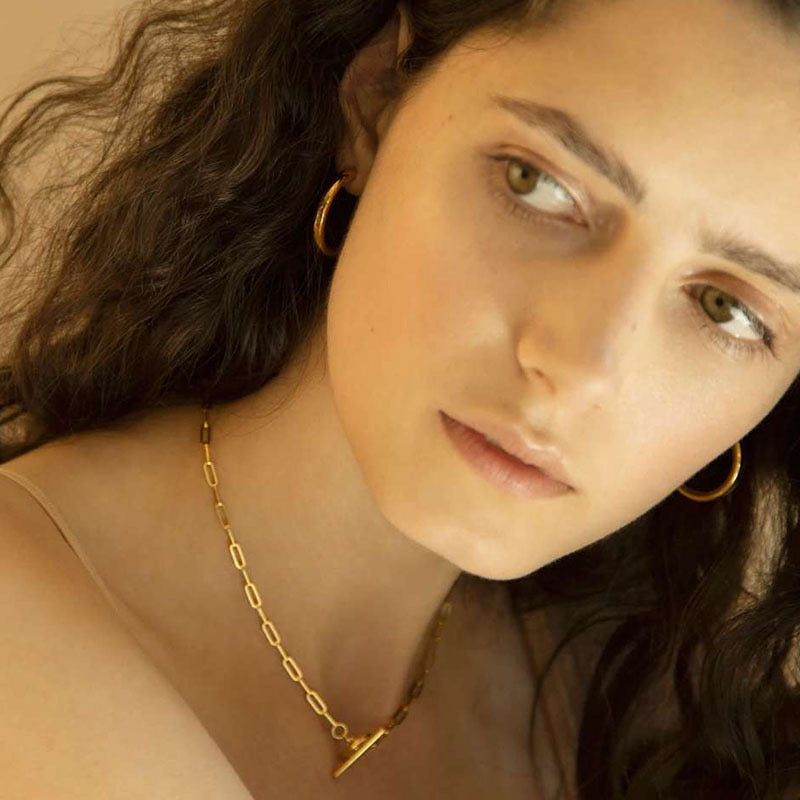 18K Gold Classic Paperclip Toggle Chain Choker Necklace