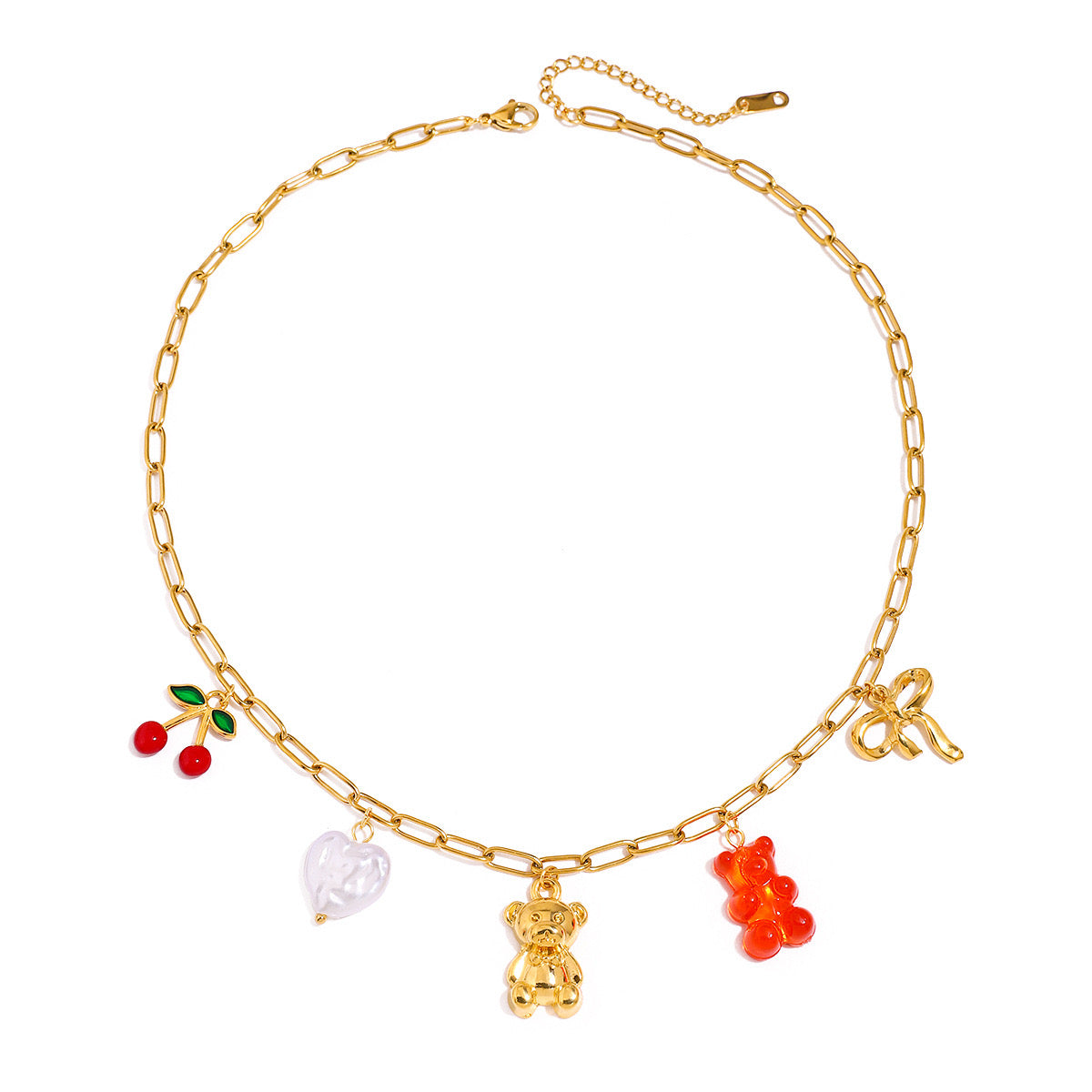 18K Gold Gummy Bear Cute Bow Cherry Paperclip Chain Charm Necklace