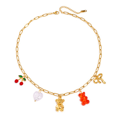 18K Gold Gummy Bear Cute Bow Cherry Paperclip Chain Charm Necklace